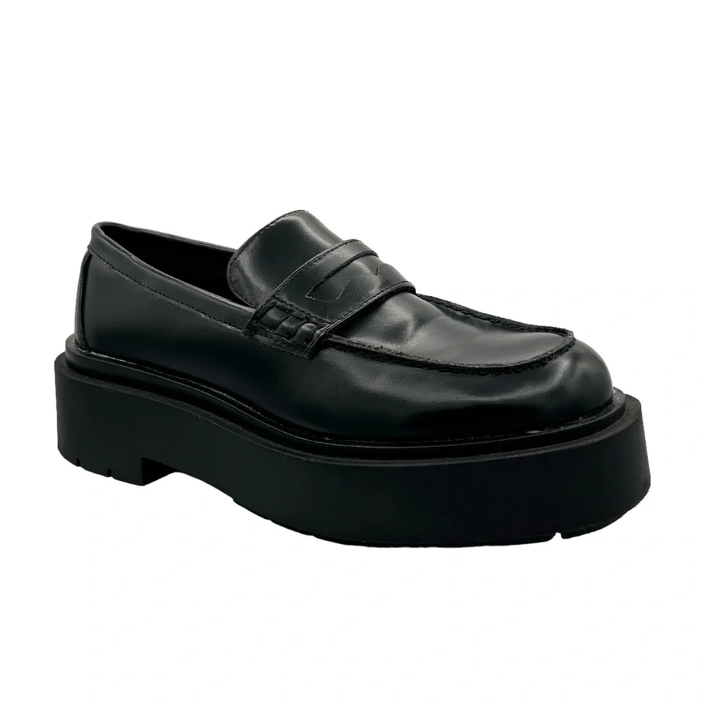 H&M Black Faux Leather Chunky Platform Preppy Slip On Penny Loafers (6)